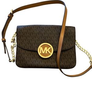 Michael Kors Brown Signature MK Logo Fulton Crossbody with Gold Hardware EUC